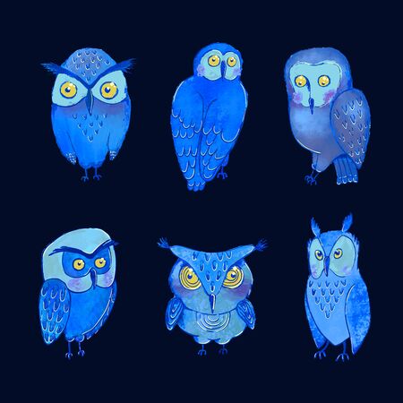 Vector colorful set with illustrations of cute night owls. Can be used as elemets for your design for greeting cards, nursery, poster, card, birthday party, packaging paper design, baby t-shirts printsのイラスト素材
