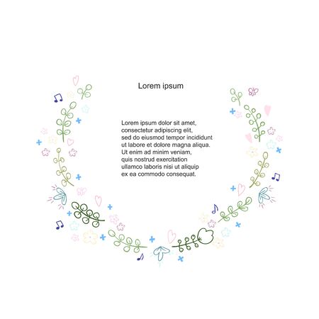Vector colorful illustration of floral and herb wreath. Hand draw frame. Can be used for invitation, greeting card and posterのイラスト素材
