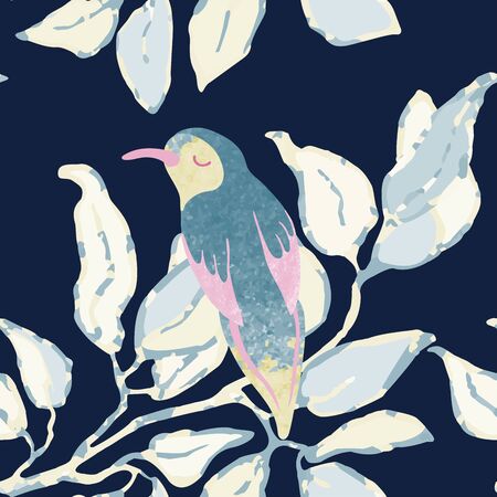 Vector seamless background with colorful watercolor illustration of leaves and birds. Can be used for wallpaper, pattern fills, web page, surface textures, textile print, wrapping paperのイラスト素材