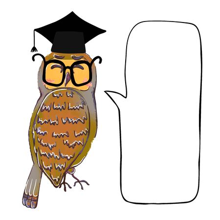 Vector colorful illustration of cute owl in graduate cap and speach bubleのイラスト素材