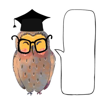 Vector colorful illustration of cute owl in graduate cap and speach bubleのイラスト素材