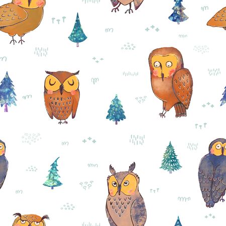 Vector seamless pattern with hand draw illustrations of cute owls in forest. Can be used for wallpaper, pattern fills, web page, surface textures, textile print, wrapping paperのイラスト素材