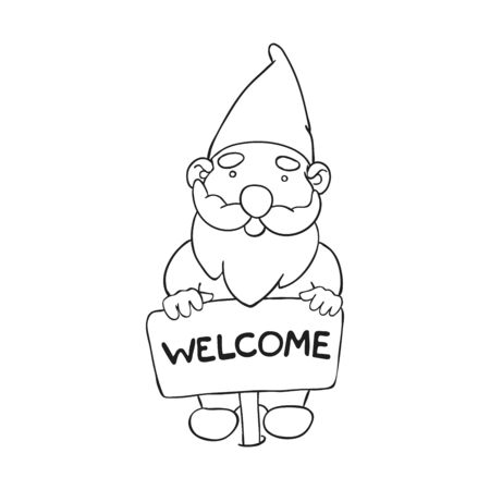Vector outline illustration of garden gnome stands with a pointer welcome. Cute fairytale characterのイラスト素材