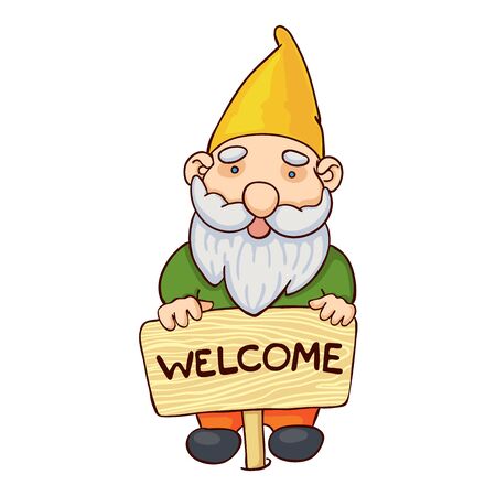 Vector colorful illustration of garden gnome stands with a pointer welcome. Cute fairytale characterのイラスト素材