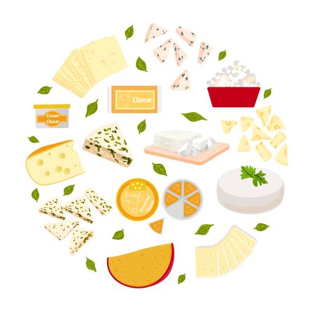 Vector colorful illustration set of different type cheeses.のイラスト素材