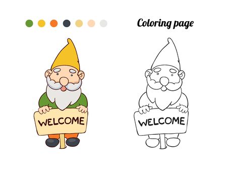 Illustration of cute garden gnome stands with a pointer welcome. Coloring page or book for babyのイラスト素材