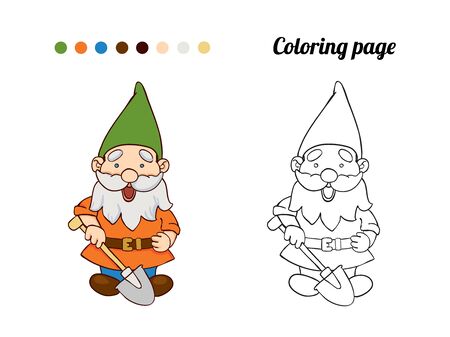Illustration of cute garden gnome with a shovel. Coloring page or book for baby.のイラスト素材