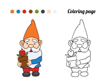 Illustration of cute garden gnome with a flower in a pot. Coloring page or book for babyのイラスト素材