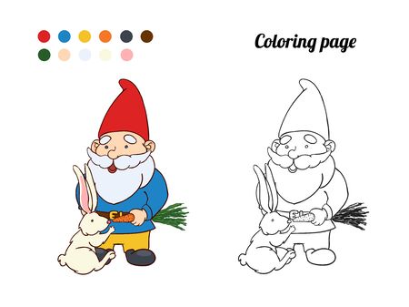 Illustration of cute garden gnome feed the rabbit.のイラスト素材