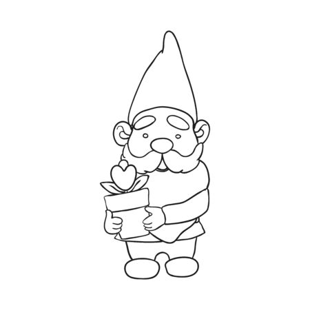 Vector outline illustration of garden gnome with a flower in a pot. Cute fairytale characterのイラスト素材