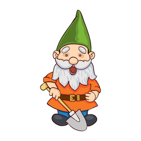 Vector colorful illustration of garden gnome with a shovel. Cute fairytale characterのイラスト素材