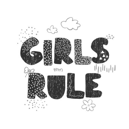 Vector illustration with hand drawn lettering - girls Rule. Black and white typography design in Scandinavian style for postcard, banner, t-shirt print, invitation, greeting card, posterのイラスト素材