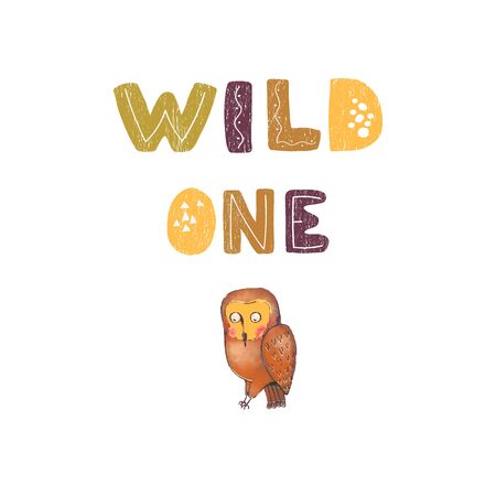 Vector illustration of owl and hand drawn lettering - Wild one. Colourful typography design in Scandinavian style for postcard, banner, t-shirt print, invitation, greeting card, posterのイラスト素材