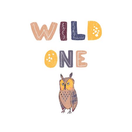 Vector illustration of owl and hand drawn lettering - Wild one. Colourful typography design in Scandinavian style for postcard, banner, t-shirt print, invitation, greeting card, posterのイラスト素材