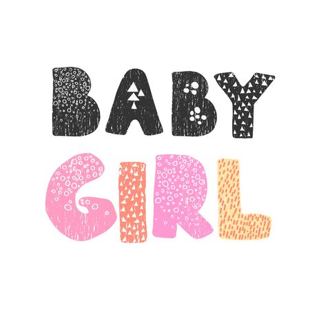 Vector illustration with hand drawn lettering - Baby Girl. Colourful typography design in Scandinavian style for postcard, banner, t-shirt print, invitation, greeting card, posterのイラスト素材