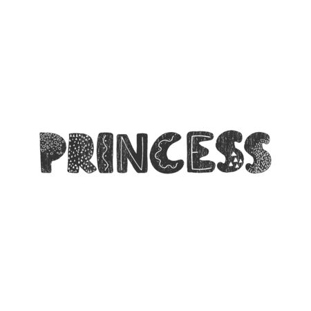 Vector illustration with hand drawn lettering - Princess. Black and white typography design in Scandinavian style for postcard, banner, t-shirt print, invitation, greeting card, posterのイラスト素材