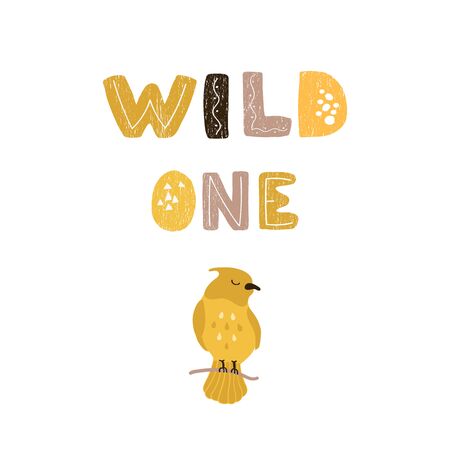 Vector illustration of bird and hand drawn lettering - Wild one. Colourful typography design in Scandinavian style for postcard, banner, t-shirt print, invitation, greeting card, posterのイラスト素材