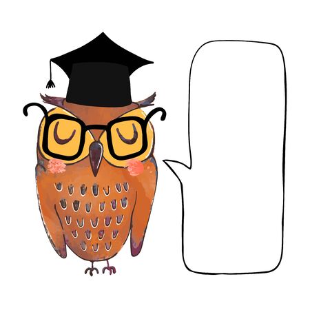 Vector colorful illustration of cute owl in graduate cap and speach bubleのイラスト素材