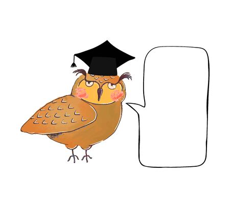 Vector colorful illustration of cute owl in graduate cap and speach bubleのイラスト素材