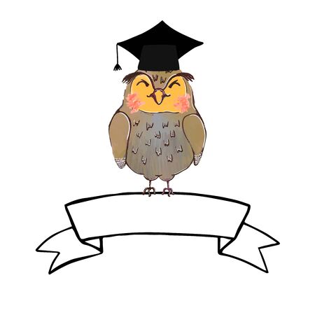 Vector colorful  of cute owl in graduate cap and ribbon bannerのイラスト素材