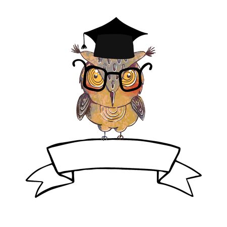 Vector colorful illustration of cute owl in graduate cap and ribbon bannerのイラスト素材