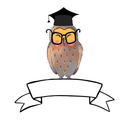 Vector colorful illustration of cute owl in graduate cap and ribbon bannerのイラスト素材