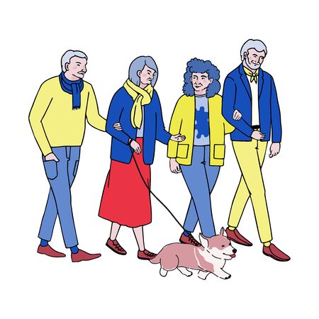 Vector colorful illustration of old people walking isolated on white backgroundのイラスト素材