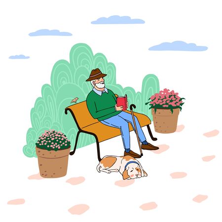 Vector colorful illustration of cute old man sitting on a park bench reading a book. Isolated on white backgroundのイラスト素材