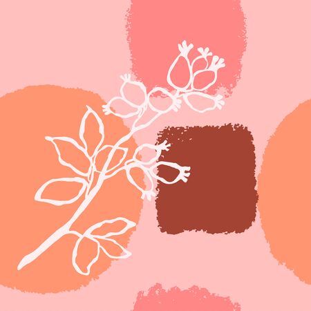 Vector seamless background with abstract shapes and illustration of plant. Scandinavian Style. For wallpaper, posters, textile print, wrapping paper, greeting card template, social media post,のイラスト素材
