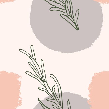 Vector seamless background with abstract shapes and illustration of plant. Scandinavian Style. For wallpaper, posters, textile print, wrapping paper, greeting card template, social media post,のイラスト素材
