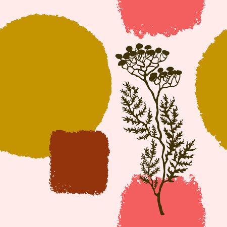 Vector seamless background with abstract shapes and illustration of plant. Scandinavian Style. For wallpaper, posters, textile print, wrapping paper, greeting card template, social media post,のイラスト素材
