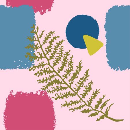 Vector seamless background with abstract shapes and illustration of plant. Scandinavian Style. For wallpaper, posters, textile print, wrapping paper, greeting card template, social media post,のイラスト素材