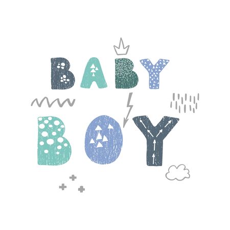 Vector illustration with hand drawn lettering - Baby boy. Colorful typography design in Scandinavian style for postcard, banner, t-shirt print, invitation, greeting card, posterのイラスト素材