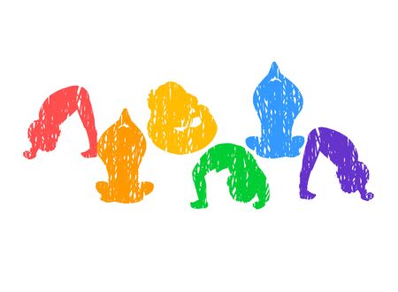 Vector colorful illustrations of silhouette children doing yoga different yoga poses or gymnastic exercises isolated on white backgroundのイラスト素材