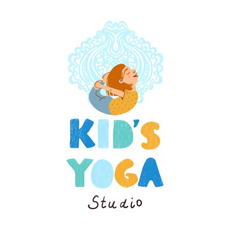 Vector colorful kids yoga studio logo with illustration of little girl doing yoga isolated on white backgroundのイラスト素材