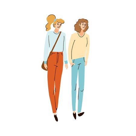 Vector colorful illustration of a two young girl friends walking together on the street, isolated on white backgroundのイラスト素材