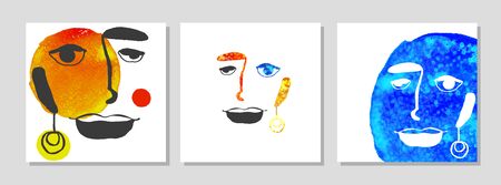 Vector set of modern posters with illustration of portrait and abstract watercolor shapes. Scandinavian Style. For wallpaper, textile print, greeting card template, social media post,のイラスト素材