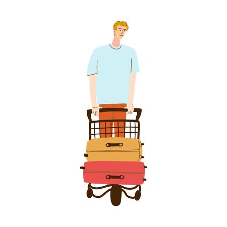 Colorful set with illustrations a man walks with Luggage on a cart isolated on white backgroundのイラスト素材