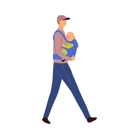 Vector colorful illustration of father carries the baby in an ergo backpack or babycarrier isolated on white backgroundのイラスト素材
