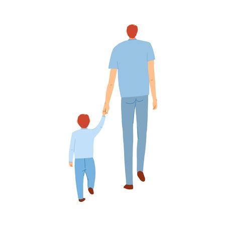 Vector colorful illustration of father and son walk hand in hand isolated on white backgroundのイラスト素材