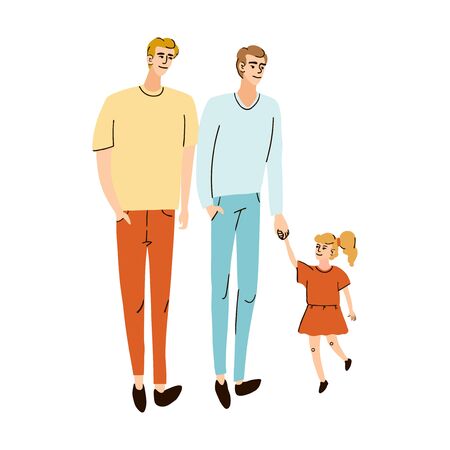 Vector colorful illustration of a young family, two dads and daughter together walking on the streetのイラスト素材