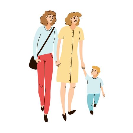 Vector colorful illustration of a young family, two moms and son together walking on the streetのイラスト素材