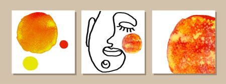 Vector set of modern posters with illustration of portrait one line and abstract watercolor shapes. Scandinavian Style. For wallpaper, textile print, greeting card template, social media post,のイラスト素材