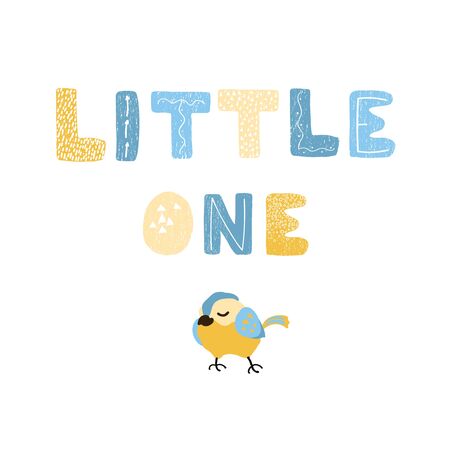 Vector illustration with bird and hand drawn lettering - Little one. Colorful typography design in Scandinavian style for postcard, banner, t-shirt print, invitation, greeting card, posterのイラスト素材