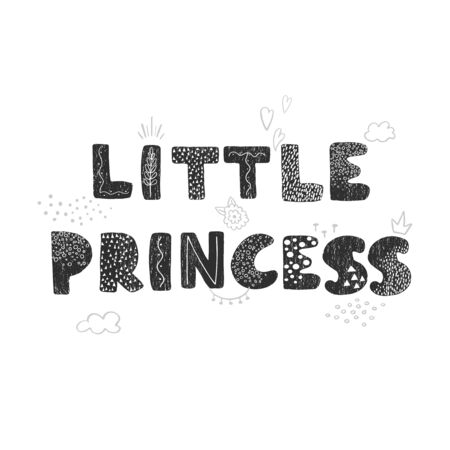 Vector illustration with hand drawn lettering - Little princess. Black and white typography design in Scandinavian style for postcard, banner, t-shirt print, invitation, greeting card, posterのイラスト素材