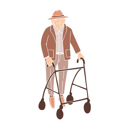 Vector colorful illustration of old man walking with rollator isolated on white backgroundのイラスト素材