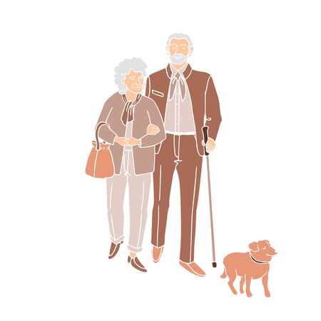 Vector colorful illustration of old people walking with their dog isolated on white backgroundのイラスト素材