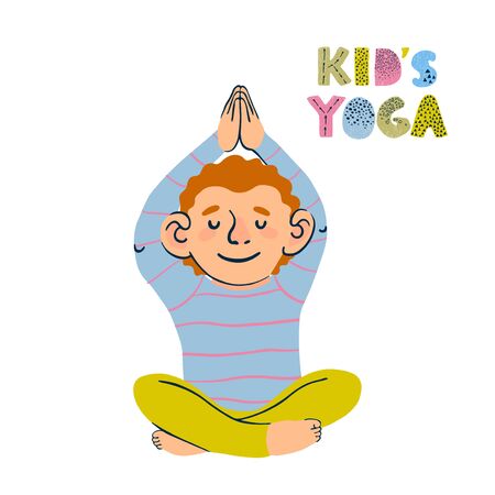 Vector colorful illustration of little boy doing yoga isolated on white backgroundのイラスト素材