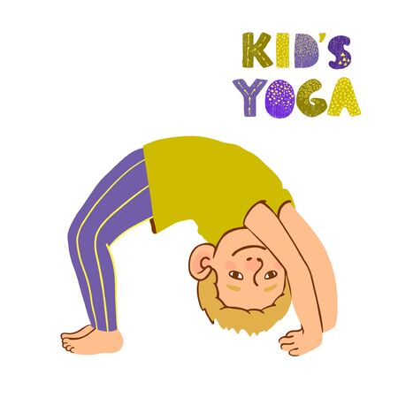 Vector colorful illustration of little boy doing gymnastic exercises isolated on white backgroundのイラスト素材