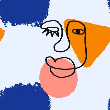 Vector seamless background with abstract shapes and illustration of face one line. Scandinavian Style. For wallpaper, posters, textile print, wrapping paper, greeting card template, social media post,のイラスト素材